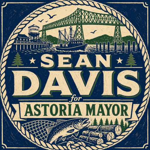 Campaign logo for Sean Davis for Astoria Mayor, featuring the Astoria-Megler Bridge, a fishing boat, and trees, with a blue and green color scheme.