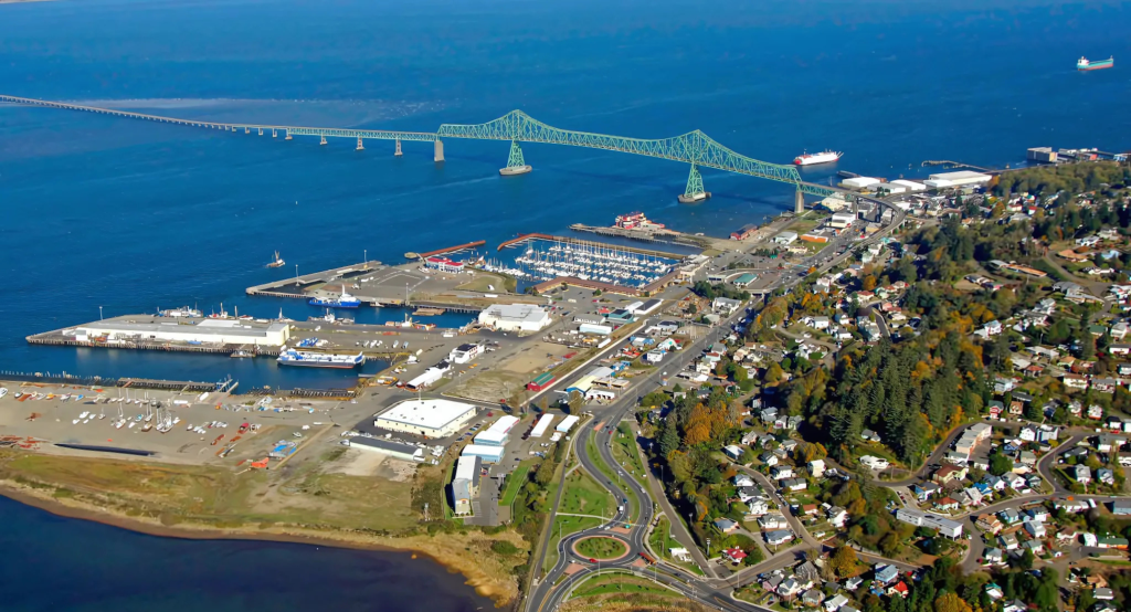 Aerial view of a coastal port area featuring a large green bridge, docks with boats, and residential neighborhoods on the hillside.