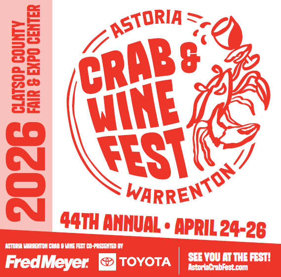 Promotional graphic for the 44th Annual Astoria Crab & Wine Fest, scheduled for April 24-26, 2026, at the Clatsop County Fair & Expo Center, Warrenton, Oregon.