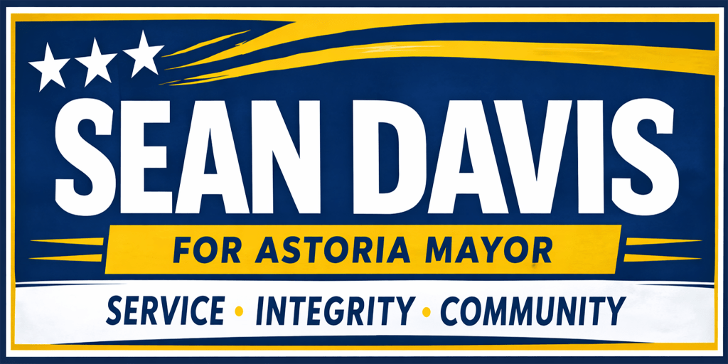 Campaign banner for Sean Davis for Astoria Mayor featuring stars and the words 'Service, Integrity, Community'.