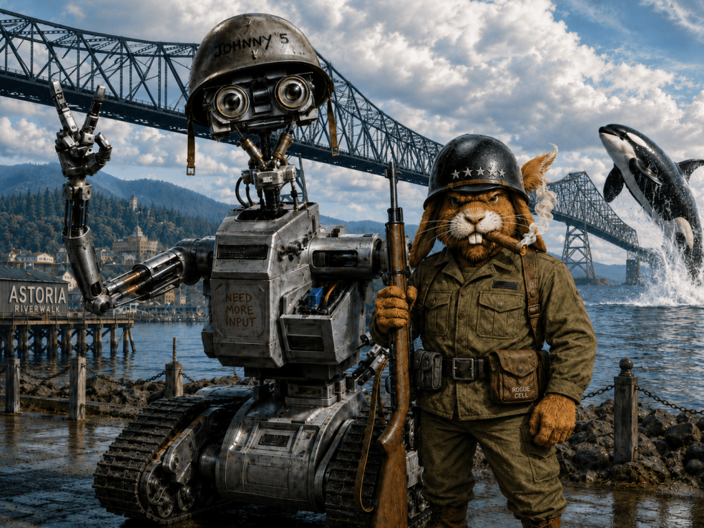 A robot named Johnny 5 stands with a cartoonish anthropomorphic rabbit dressed as a soldier, both posing in front of a bridge and a river. An orca whale jumps out of the water in the background.